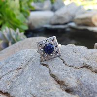 Platinum Art Deco blue sapphire and diamond vintage ring