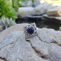 Platinum Art Deco blue sapphire & diamond vintage ring