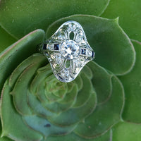 Platinum Diamond estate Art Deco c.20's diamond & sapphire glove shield Ring