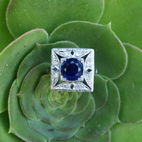 Platinum Art Deco blue sapphire and diamond vintage ring