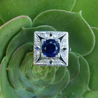 Platinum Art Deco blue sapphire and diamond vintage ring