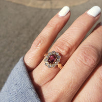 18k yellow gold pink tourmaline & mine cut diamond halo estate ring