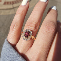 18k yellow gold pink tourmaline & mine cut diamond halo estate ring