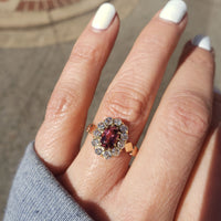 18k yellow gold pink tourmaline & mine cut diamond halo estate ring