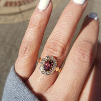 18k yellow gold pink tourmaline & mine cut diamond halo estate ring