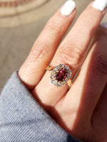 18k yellow gold pink tourmaline & mine cut diamond halo estate ring