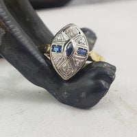 18k gold two diamond & sapphire Deco c.30's navette Ring