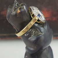 18k gold two diamond & sapphire Deco c.30's navette Ring