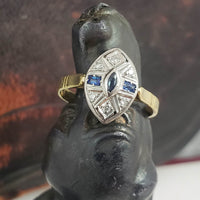 18k gold two diamond & sapphire Deco c.30's navette Ring