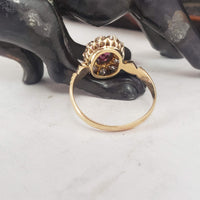 18k yellow gold pink tourmaline & mine cut diamond halo estate ring