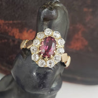 18k yellow gold pink tourmaline & mine cut diamond halo estate ring