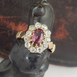 18k yellow gold pink tourmaline & mine cut diamond halo estate ring
