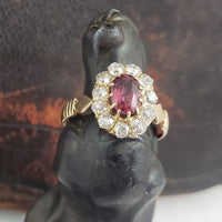 18k yellow gold pink tourmaline & mine cut diamond halo estate ring