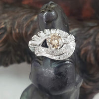 14k gold white RETRO mid century champagne diamond Ring