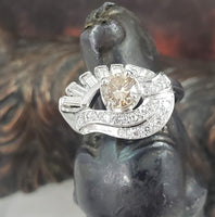 14k gold white RETRO mid century champagne diamond Ring
