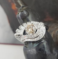 14k gold white RETRO mid century champagne diamond Ring