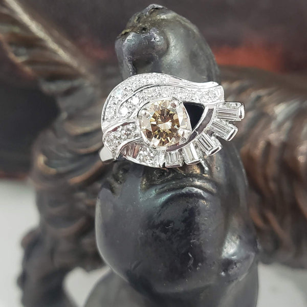 14k gold white RETRO mid century champagne diamond Ring