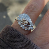 14k gold white RETRO mid century champagne diamond Ring