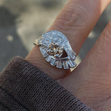 14k gold white RETRO mid century champagne diamond Ring