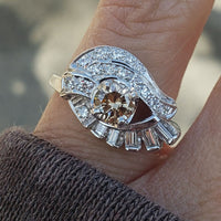 14k gold white RETRO mid century champagne diamond Ring