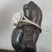 Platinum Art deco c.1920s filigree 1.43ct diamond & sapphire ring