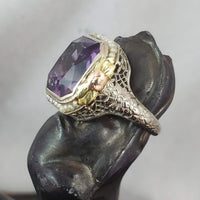 14k tri colored gold c.1920's floral filigree Deco amethyst & seed pearls