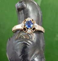 10K gold blue sapphire & mine cut diamond Edwardian Ring