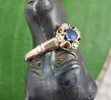 10K gold blue sapphire & mine cut diamond Edwardian Ring