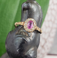 10K gold pink sapphire & rose cut diamond Edwardian halo Ring