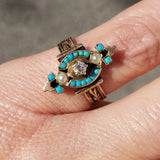10k gold Victorian turquoise, diamond & pearl estate ring