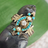 10k gold Victorian turquoise, diamond & pearl estate ring