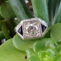 14k white gold c.20's Art Deco Men's .98ct European cut diamond & sapphire Ring
