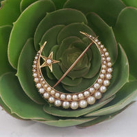 15k yellow gold Victorian seed pearl crescent moon star pin - brooch