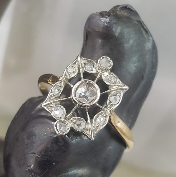 Victorian rose cut diamond ring - 14k yellow gold & silver top