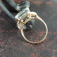14k gold emerald cut Aquamarine & Diamond estate Deco Ring