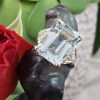 14k gold emerald cut Aquamarine & Diamond estate Deco Ring