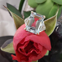 14k gold emerald cut Aquamarine & Diamond estate Deco Ring