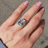 14k gold emerald cut Aquamarine & Diamond estate Deco Ring
