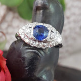 14k white gold Deco blue sapphire & diamond estate ring