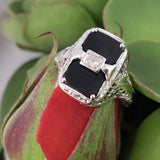 14k white gold filigree Deco Black Onyx & Diamond Ring