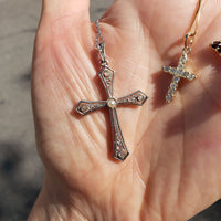 platinum & 18k gold Edwardian diamond & pearl CROSS pendant necklace