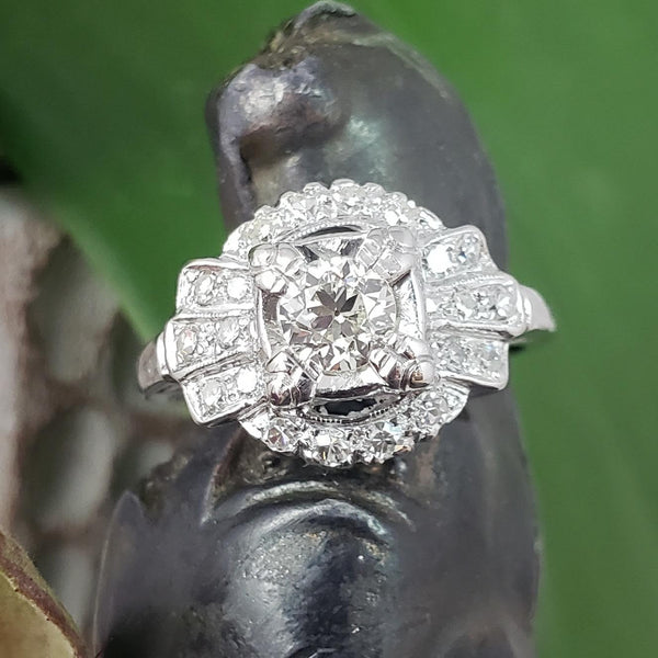 14k white gold Art Deco diamond engagement Ring