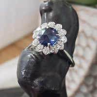 14k white gold rose cut blue sapphire & diamond halo estate ring