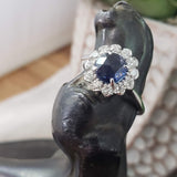 14k white gold rose cut blue sapphire & diamond halo estate ring