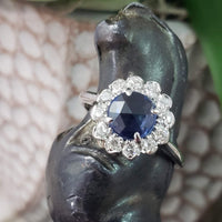 14k white gold rose cut blue sapphire & diamond halo estate ring