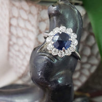 14k white gold rose cut blue sapphire & diamond halo estate ring