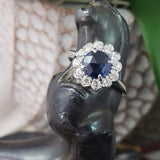 14k white gold rose cut blue sapphire & diamond halo estate ring