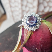 14k white gold rose cut blue sapphire & diamond halo estate ring