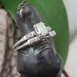 14k white gold c.40s-50s emerald cut diamond engagement ring bridal set