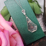 14k white gold Deco c.20's diamond filigree enamel BUTTERFLY necklace pendant